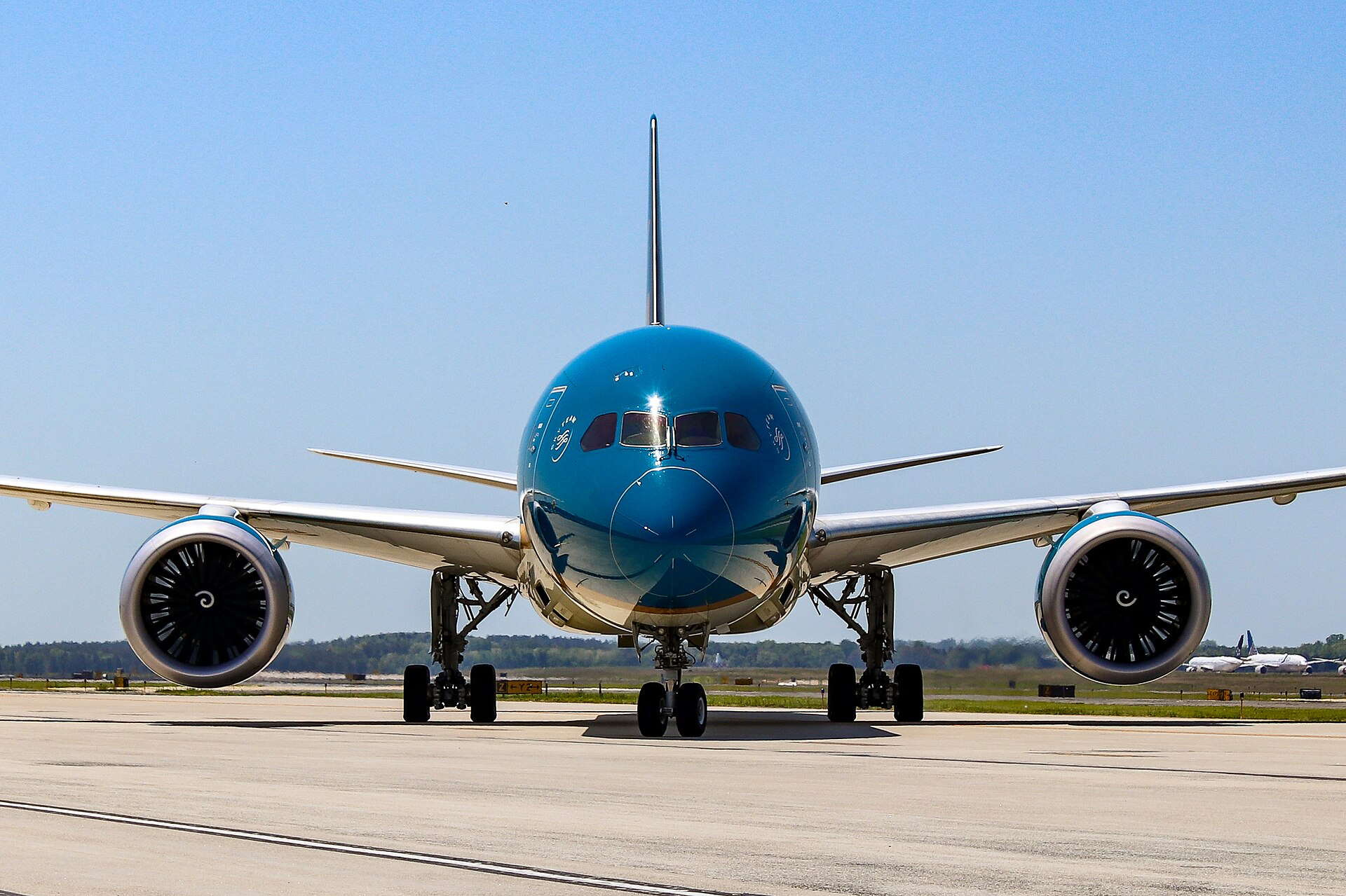 Real photograph of a Vietnam Airlines Boeing 787-10 viewed from the front on a runway under a blue sky